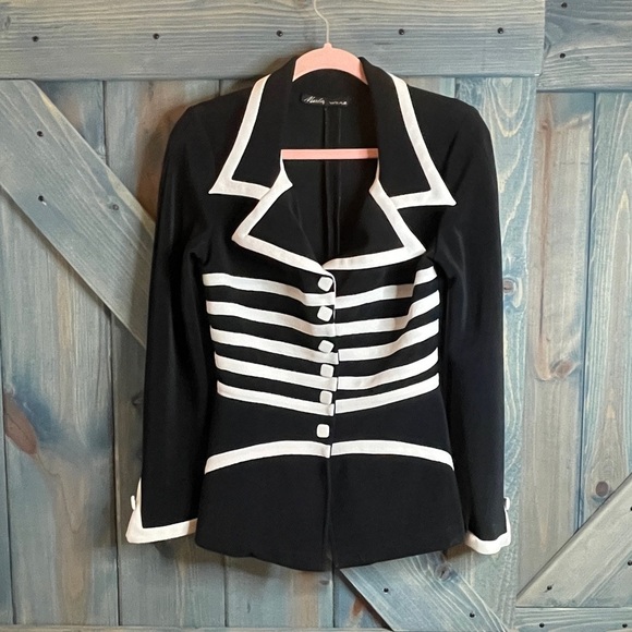 90s Black and White Military Striped Polyester Knit Snap Closure Jacket - Picture 1 of 6